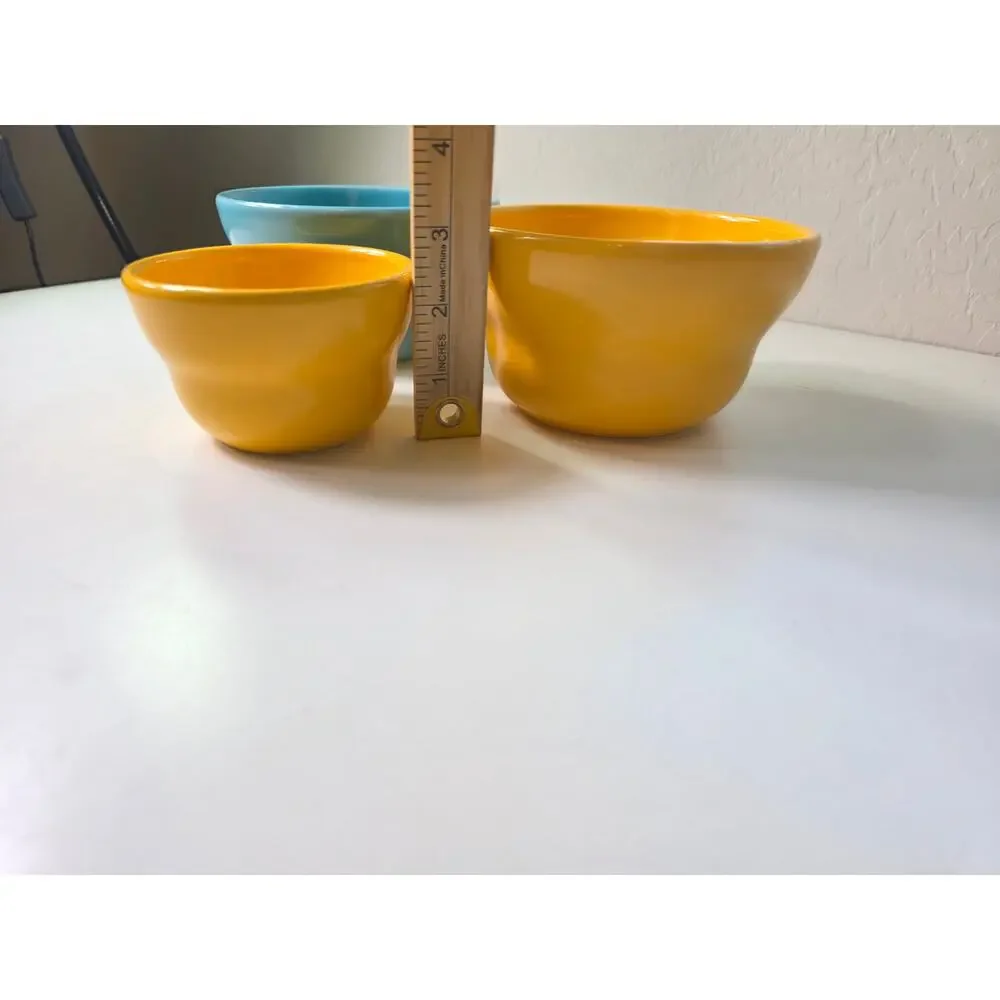 CRATE & BARREL Mustard Blue Small Nesting Earthenware Bowls Portugal Set of 3